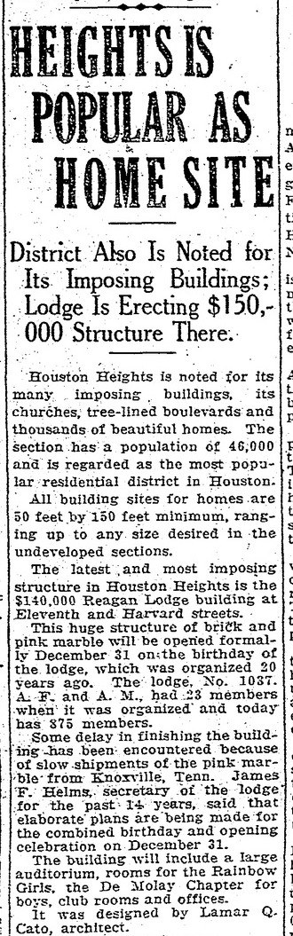 Newspaper clipping, Houston Chronicle, October 19, 1930: Heights Is Popular as Home Site, district also noted for its imposing buildings, lodge is erecting $150,000 structure there