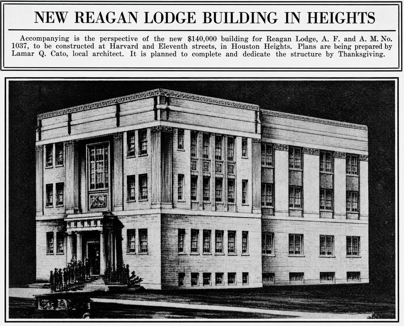 1930 newspaper perspective rendering: New Reagan Lodge Building in Heights