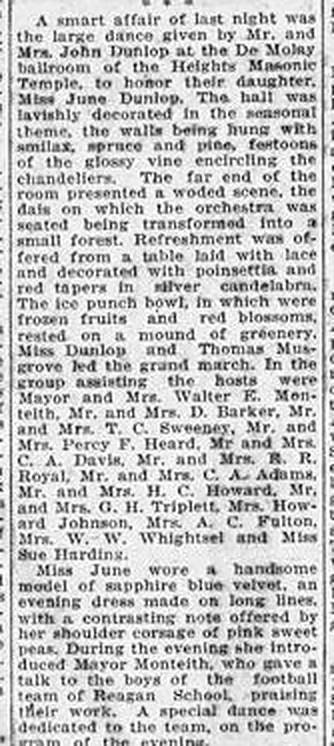 Newspaper society column, December 1932: the Dunlop dance in the DeMolay ballroom of the Heights Masonic Temple, with Mayor and Mrs. Walter E. Monteith assisting the hosts