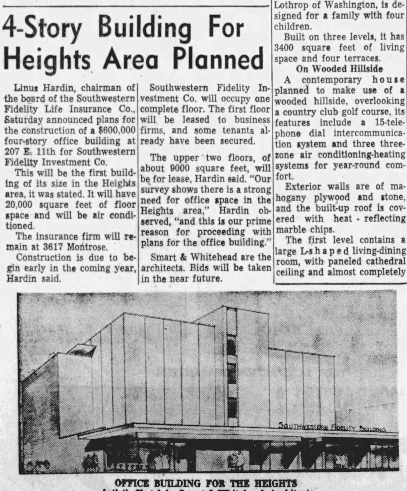Newspaper clipping, Houston Chronicle, September 23, 1956: headline 4-Story Building for Heights Area Planned, with the architects’ sketch of the Southwestern Fidelity office building proposed for 207 E. 11th